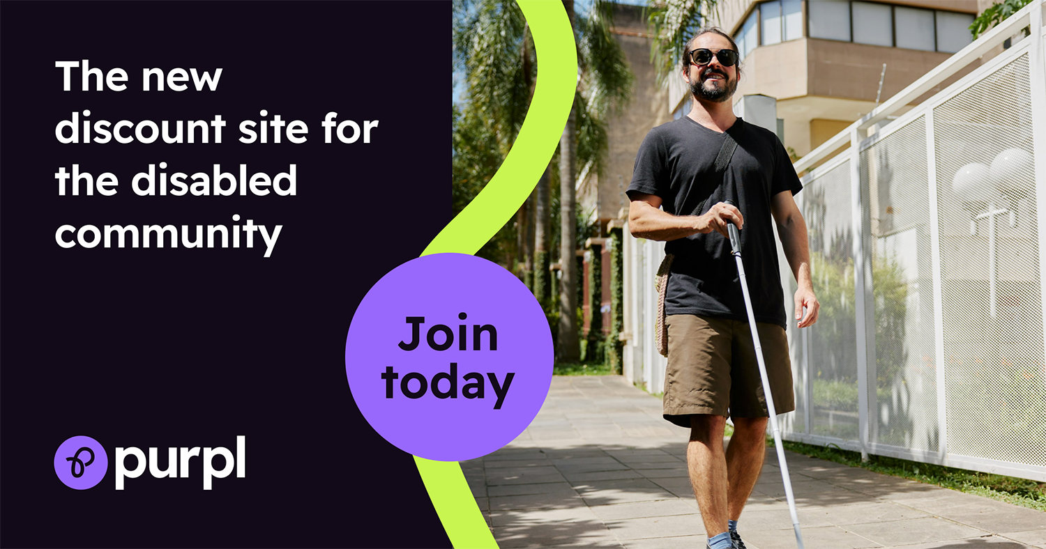 A promotional image for Purpl Discounts. The image shows a man walking outdoors with the aid of a white cane. The left side of the image features text that reads, 'The new discount site for the disabled community. Join today,' accompanied by the Purpl logo in a purple circle.