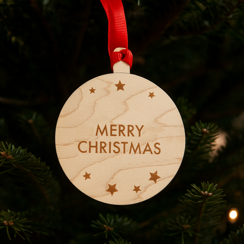 A round wooden Christmas tree decoration with Merry Christmas in printed text and stars dotted around the edge . The bauble has red ribbon and is hanging on a Christmas tree.