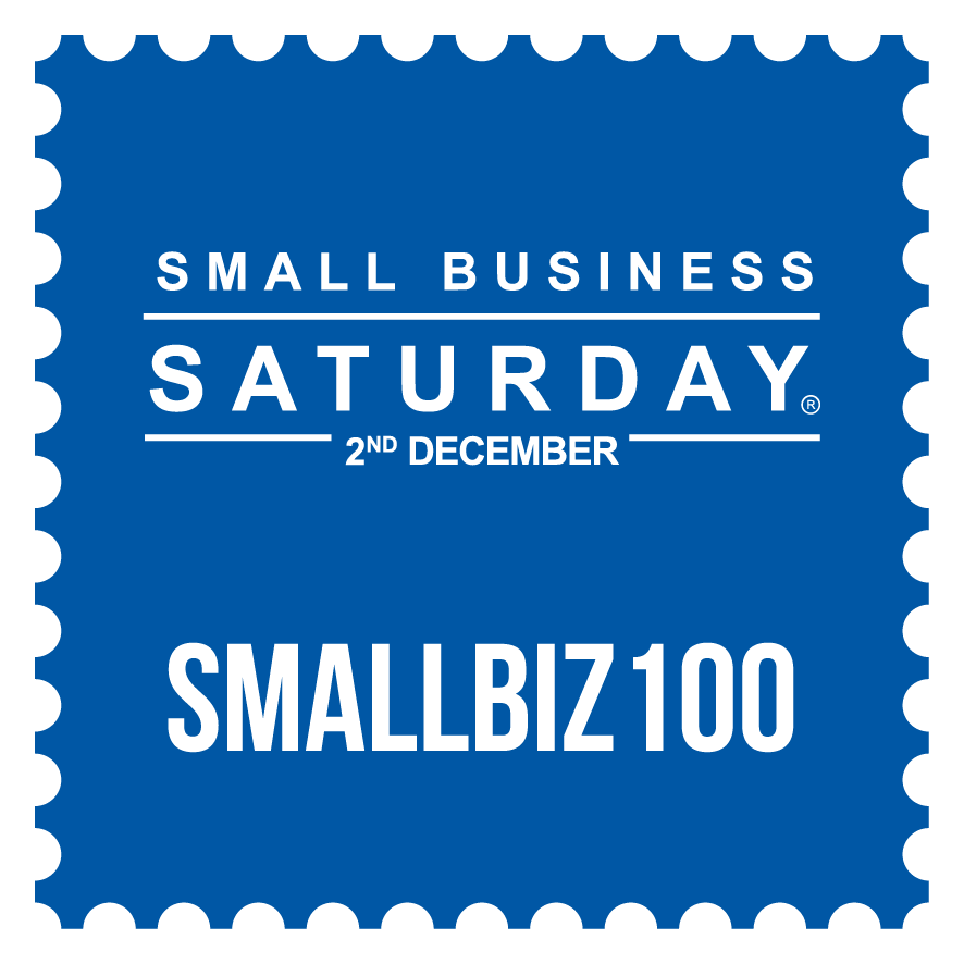 A blue scalloped edge box with white text saying small business Saturday, 2nd December, SMALLBIZ100
