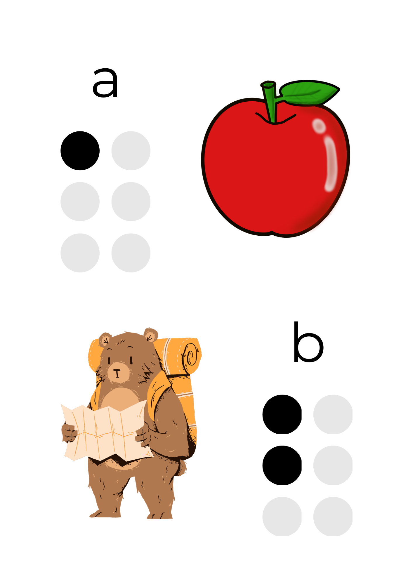 This shows what my braille flashcards look like, each flashcard has the printed letter, the braille equivalent and an image that represents that letter. The letters a and b are shown here so there is an apple and a bear reading a map.