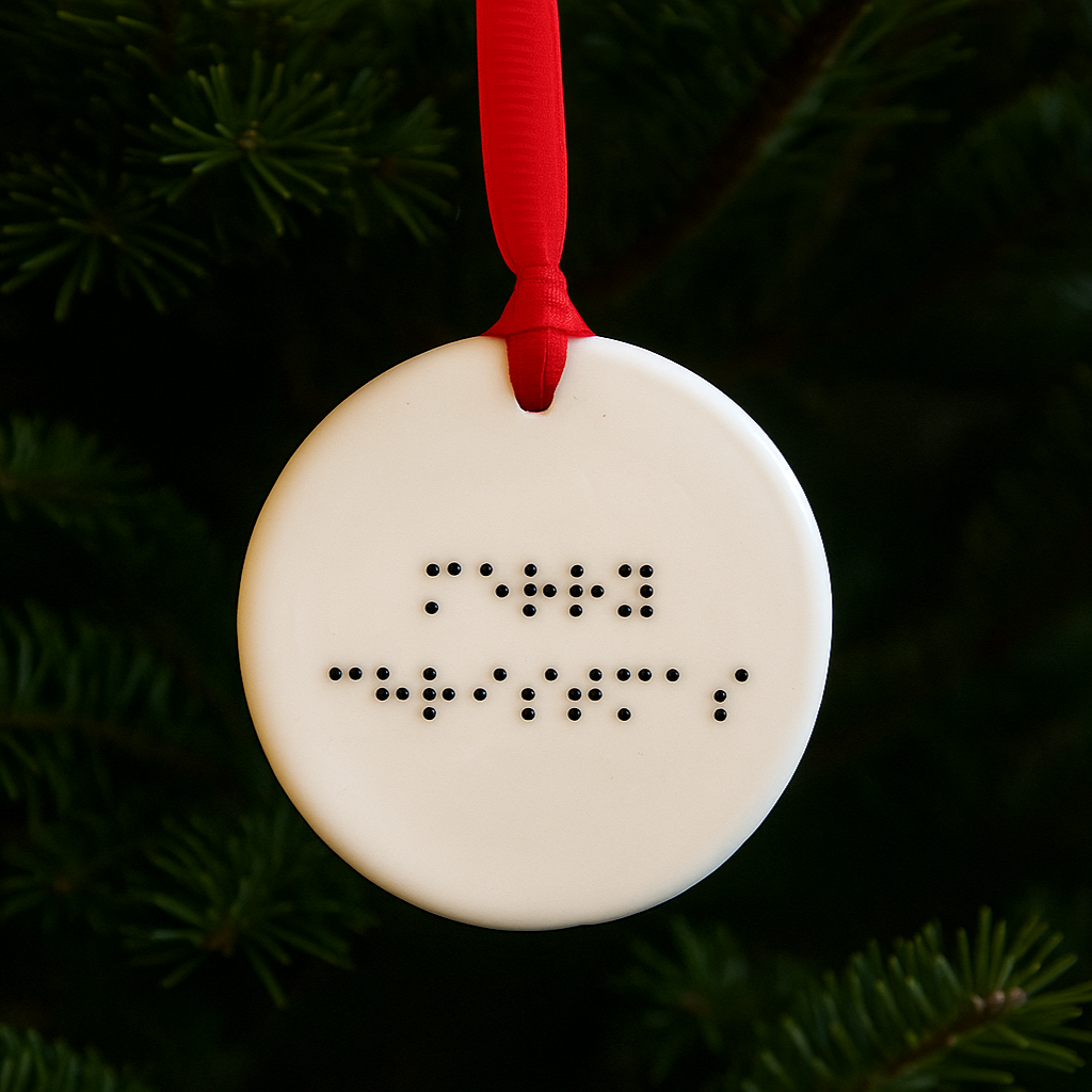 A circular ceramic Christmas tree decoration with merry christmas in grade one lower case braille, hanging on a tree with red ribbon.