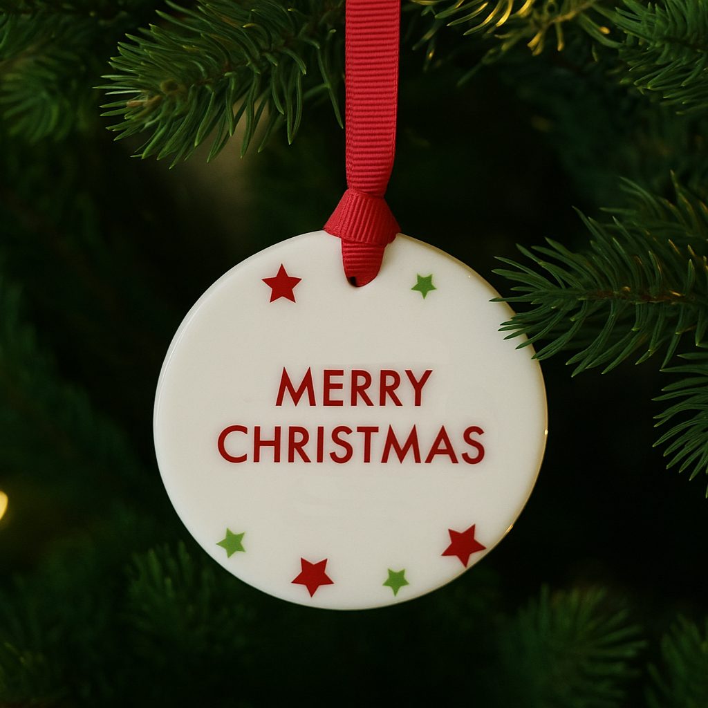 A circular ceramic Christmas tree decoration with Merry Christmas in red text with red and green stars dotted around, hanging on a tree with red ribbon.