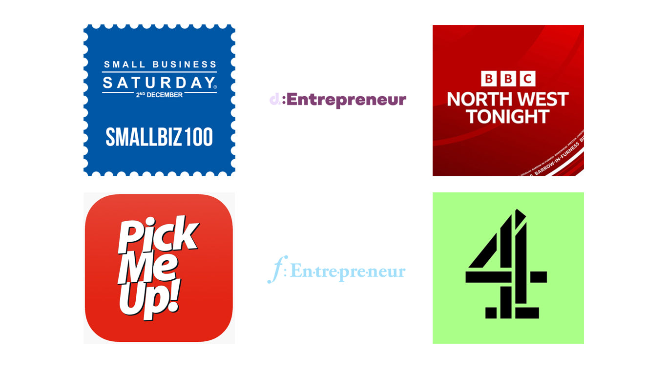 A collection of graphics including Small Biz 100 2023, d:Entrepreneur, BBC North West, Pick Me Up Magazine, f:Entrepreneur and Channel 4.