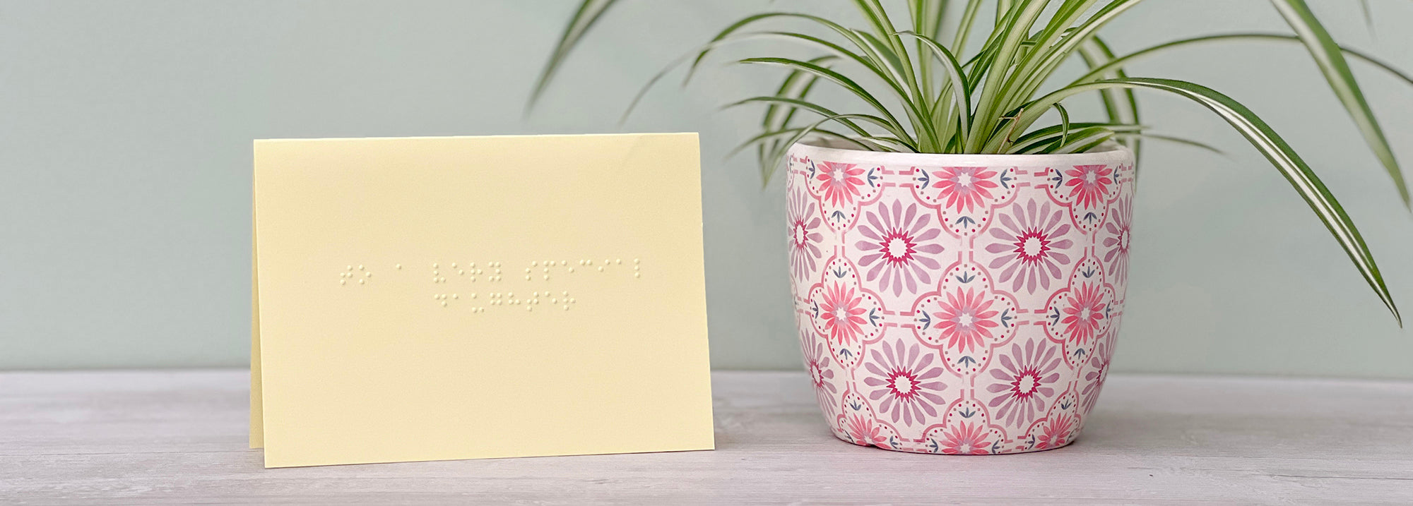 A yellow greetings card saying to a very special daughter in braille. There is a pink patterned vase to the right with a spider plant just visible.