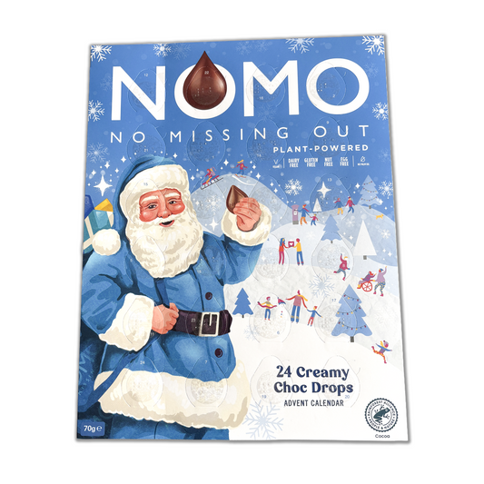 A blue and white advent calendar with Father Christmas wearing a blue and white outfit, he's holding a large chocolate drop. The advent has printed and braille numbers.