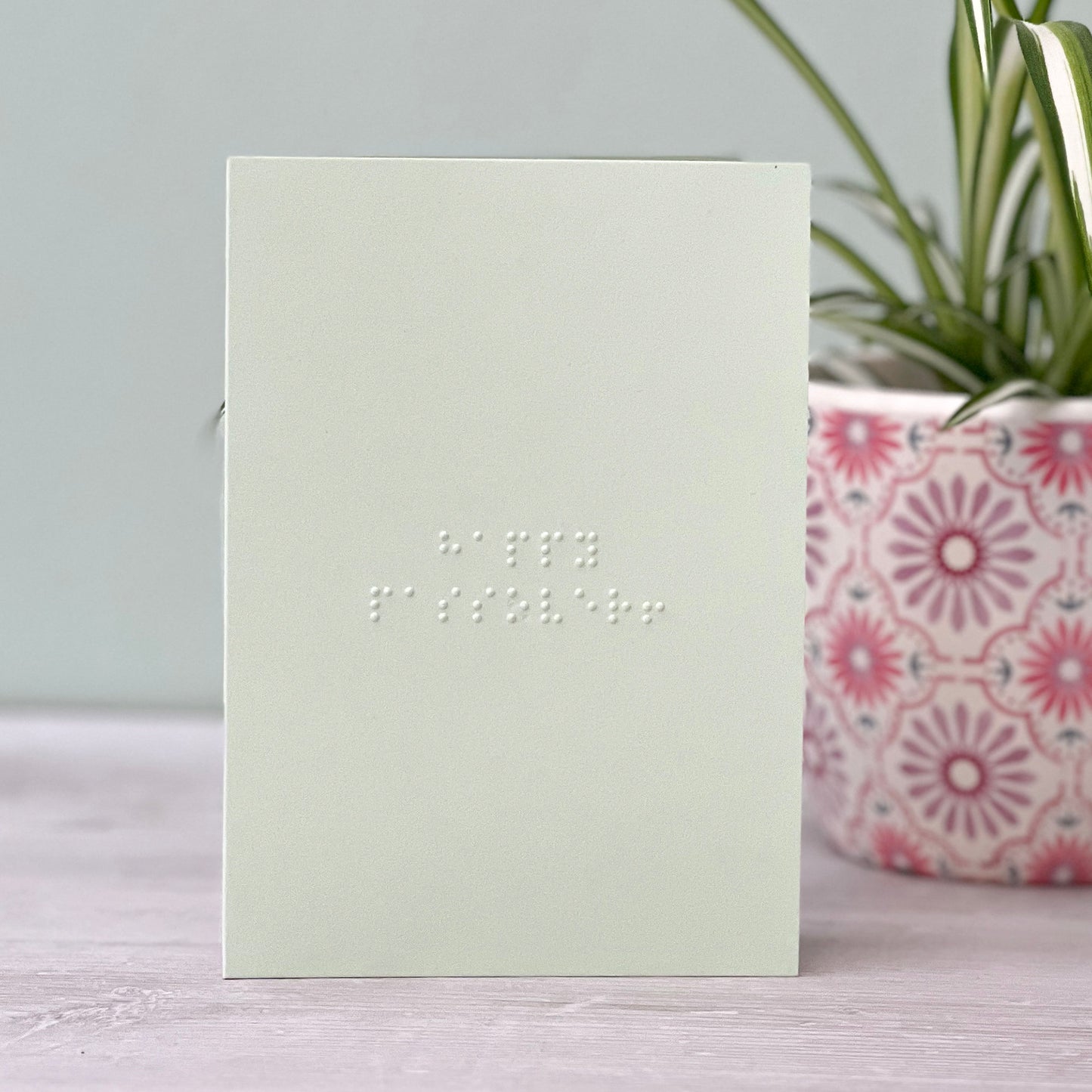 A pastel green greetings card with happy passover! written in grade 1 braille. There is a plant to the right of the photo.