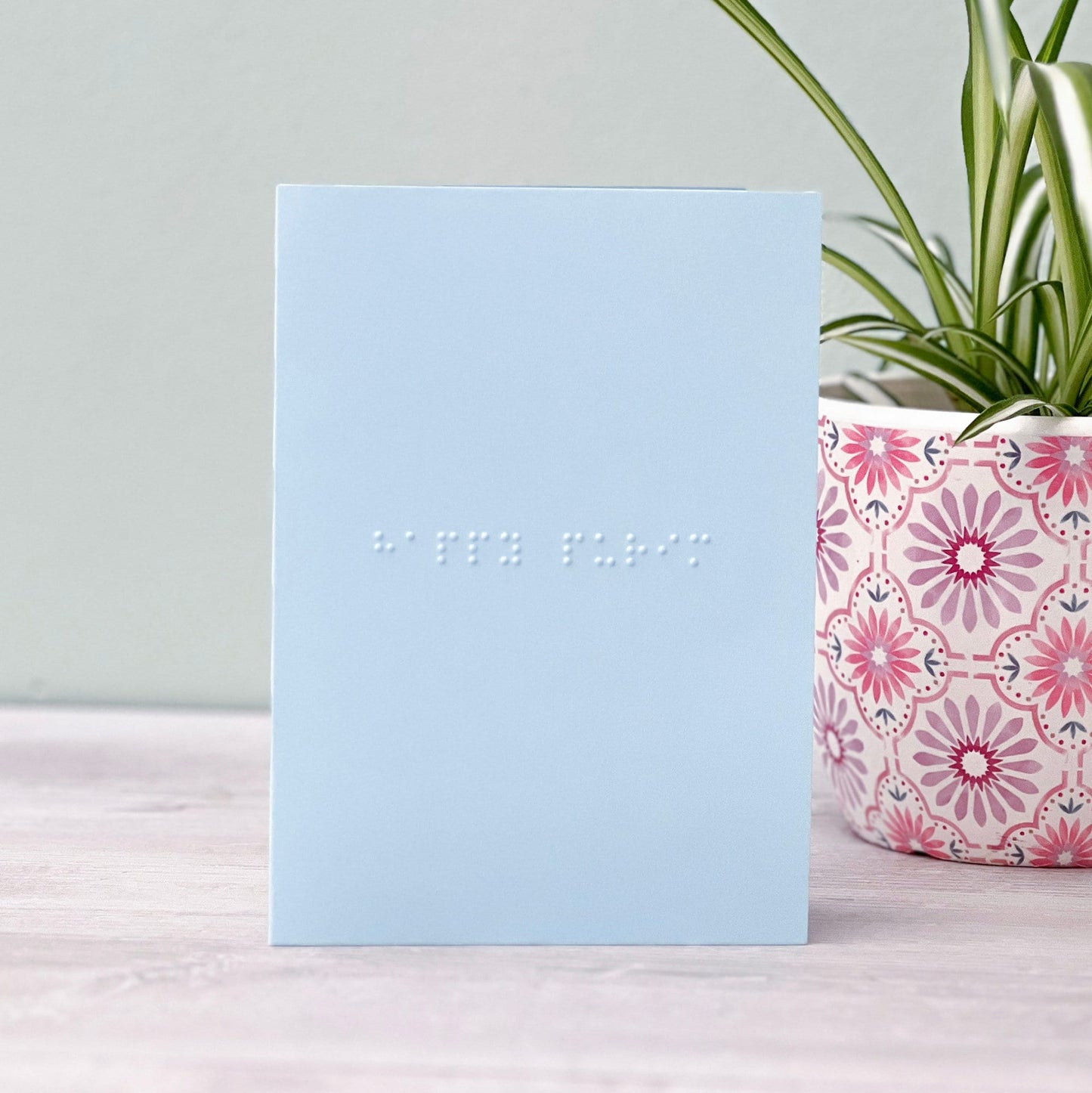 A pastel blue greetings card with happy purim written in grade 1 braille. There is a plant to the right of the photo.