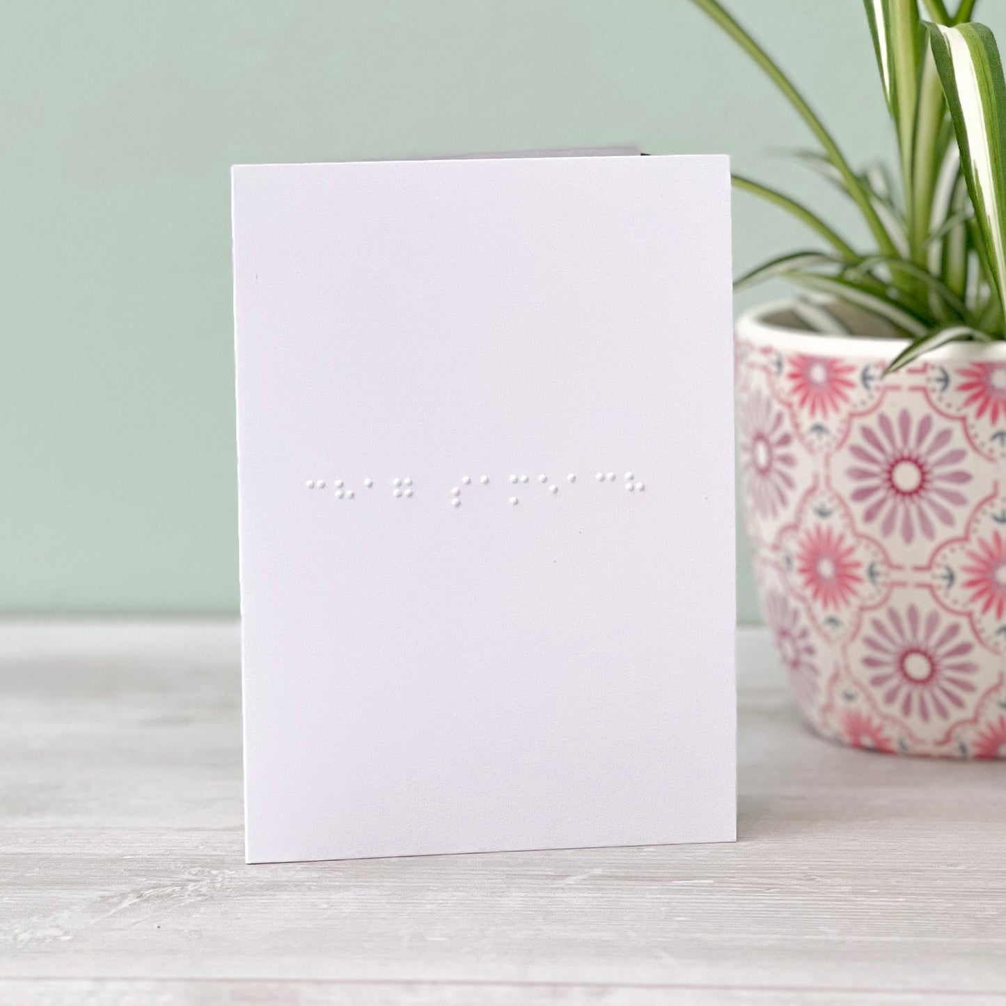 A white greetings card with chag sameach written in grade 1 braille. There is a plant to the right of the photo.